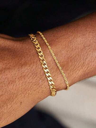 2pcs/Set Stainless Steel Gold Plated Chain Style Bracelets, Minimalist Design Men, Suitable Daily, Commute, Festivals, Boyfriend GiftUpgraded Version GYBW