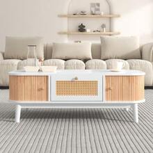 Coffee Table - Rattan Coffee Table, Rattan Drawers And Sliding Doors With Solid Wood Slats, Solid Wood Legs, Natural Rustic Style. - White - View 12