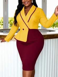 AOMEI Plus Size Elegant Office Women's Yellow And Burgundy Color Block Lapel Tie Dress, Suitable For Graduation, Back To School, And Church - Burgundy - View 5