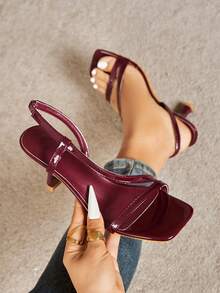 Women's Stiletto Heel Sandals With Ankle Strap, Square Toe Open Toe Party/Work Shoes, Elegant Comfortable Commuting Fashion High Heels, Backless Slingback Wine Red Sandals - Burgundy - View 1