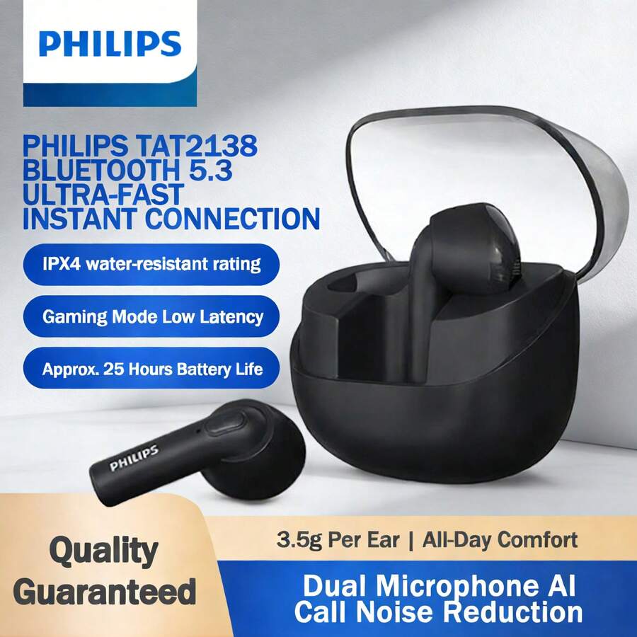 PHILIPS TAT2138 Bluetooth Earbuds, Semi-In-Ear Design, Bluetooth 5.3, Low Latency, Dual Microphone Noise Reduction, Waterproof, Compact And Portable, Ideal For Sports, Business And Study, Compatible With Smartphones And Computers - 查看 1