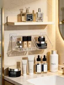 2pcs Luxury Transparent Acrylic Storage Box, No Drilling Needed Strong Adhesive Installation, Slanted Compartment Design, Convenient & Quick, Suitable For Bathroom Wall-Mounted Storage Of Toiletries, Toothbrush & Toothpaste, Bedroom Bedside Cosmetics, Great Gift For Mother's Day Or Loved Ones - Clear - View 2