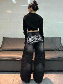 1 chiếc quần jeans ống rộng thoải mái, thêu họa tiết, thương hiệu thời trang Hàn Quốc dành cho nữ (Sản phẩm này không bao gồm thắt lưng/phụ kiện) Mùa xuân - màu đen - Xem 3