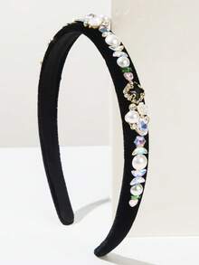 1pc New Solid Velvet Geometric Pattern Vintage Rhinestone Faux Pearl Flower Hairband, Suitable For Women To Wear At Banquets And Balls Travel Accessories - Black - View 1