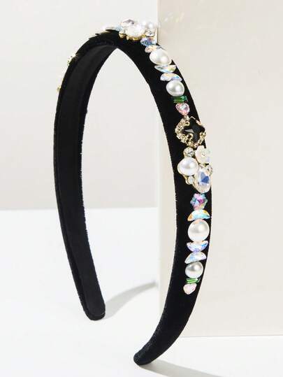 1件新款纯色丝绒几何图案复古水钻珍珠花朵发箍，适合女性在宴会和舞会上佩戴