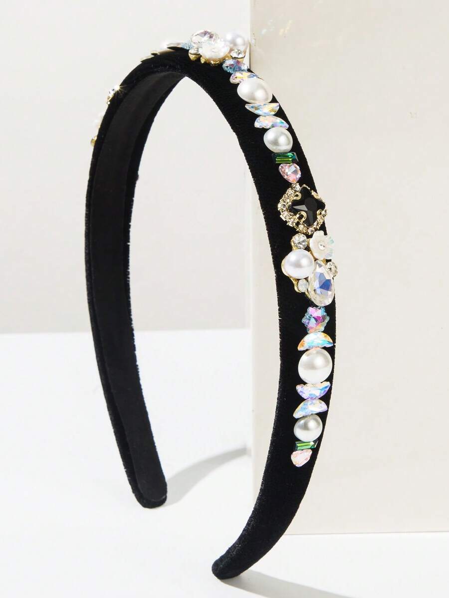 1pc New Solid Velvet Geometric Pattern Vintage Rhinestone Faux Pearl Flower Hairband, Suitable For Women To Wear At Banquets And Balls Travel Accessories - Black - View 1