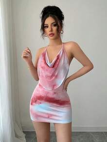 Đầm ngắn ôm sát hở lưng, cổ thắt nút, in họa tiết tie-dye gợi cảm, thanh lịch cho bãi biển, tiệc tùng hoặc hẹn hò. - Màu sắc - Xem 3