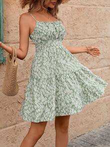 Đầm chữ A hai dây họa tiết hoa nhí dành cho nữ, phối bèo nhún, kiểu dáng mùa hè tươi mát và ngọt ngào. - màu xanh lá - Xem 5