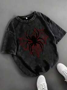 1PC Women And Men'S Y2K-Inspired Spider And Web Graphic Tee - Soft, Washed, Oversized, Short Sleeve, Round Neck, Casual Summer Top |     Y2K Fashion Graphic Tees Women Valentine's Day Gift - 黑色 - 查看 18