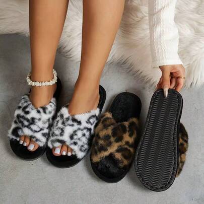 时尚新款豹纹交叉舒适室内拖鞋，静音情侣拖鞋