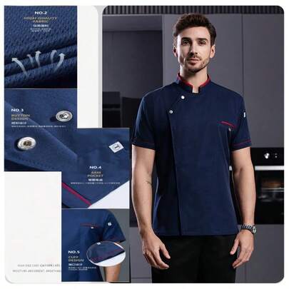 新款定制厨师服，男女通用，短袖，透气网眼后背设计，高端大气，适用于酒店、西餐厅、面包店、咖啡馆、花店、烧烤店、快餐店等场所，个性化设计，优雅大方，带口袋方便收纳，面料柔软耐用。