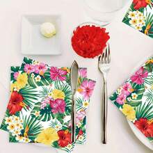 20张夏威夷鸡尾酒餐巾纸，热带主题夏威夷棕榈叶和芙蓉花图案一次性派对餐巾纸，适合夏季生日派对用品 - 彩色 - 查看 6