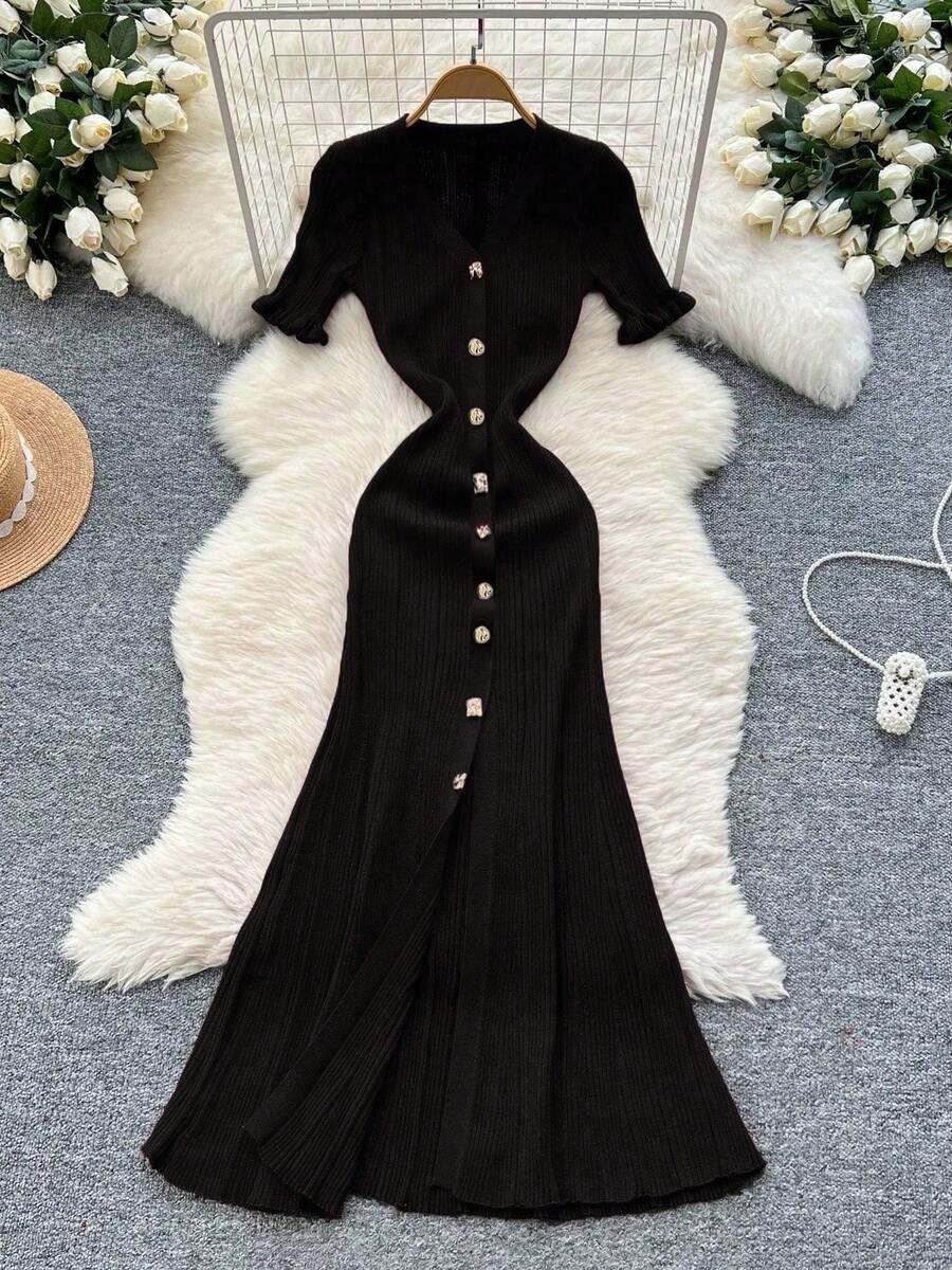 Women's Elegant Casual Knit Dress, Slim Fit Flattering Silhouette Knitted Dress With Ruffle Cuffs, Suitable For Commuting, Vacation, Formal Events, Parties, Dates, Weddings, Birthdays Black - Black - View 1