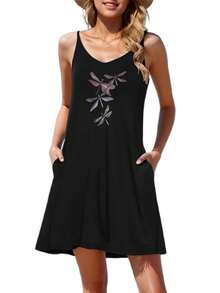 Plus Size - A Chic Black U-Neck Dragonfly Dress Designed For Plus-Size Women, Ideal For Beach Getaways, Summer Events, And Casual Lounging. This Elegant Spaghetti Strap Dress Is Perfect For Weddings And Evening Parties - 黑色 - 查看 4