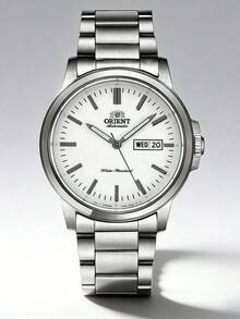 Orient Đồng hồ nam tự động, cơ khí, mặt số kim, dây đeo thép không gỉ màu bạc, mặt số trắng trơn, hiển thị ngày tháng, kim dạ quang, vỏ mài mờ, kiểu dáng tối giản, cổ điển, công sở, thường ngày, quà tặng cho phái mạnh. - Bạc - Xem 1