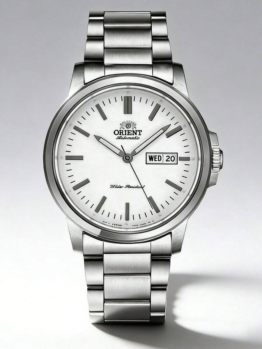 Orient Đồng hồ nam tự động, cơ khí, mặt số kim, dây đeo thép không gỉ màu bạc, mặt số trắng trơn, hiển thị ngày tháng, kim dạ quang, vỏ mài mờ, kiểu dáng tối giản, cổ điển, công sở, thường ngày, quà tặng cho phái mạnh. - Bạc - Xem 1