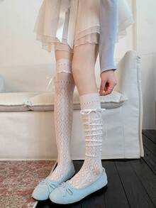 1 đôi tất mỏng cao đến đầu gối mùa xuân/hè, tất giữ ấm chân kiểu ba lê đan chéo, tất cao đến đầu gối thắt nơ Lolita, tất lưới khoét đùi, tất không lộ cổ chân, tất cao, tất ống thẳng - Nhiều màu - Xem 4