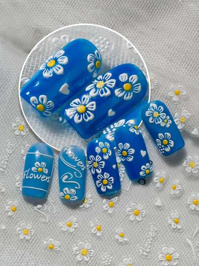 1 Sheet Daisy Nail Art Stickers, Featuring Daisies, Handwritten English Text, Tiny White Hearts, And Minimalist Curved Lines. The Overall Style Is Simple And Fresh, With A Touch Of Artsy And Playful. Suitable For Young Women Who Prefer The Ins Style And Minimalist Aesthetic, Can Be Easily Matched For Daily, Office, Or Casual Gatherings, Adding A Cute Detail To Your Fingertips.