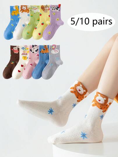 5/10双装卡通动物印花透气网眼中筒袜，舒适百搭，适合运动、学生穿着，休闲日常穿着