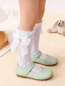3 pares de calcetines de media caña rectos, dulces y lindos con lazo para niñas, con adorno de encaje, volantes y perlas, transpirables y anti-mosquitos, aptos para uso diario en primavera/verano - Multicolor - Ver 4