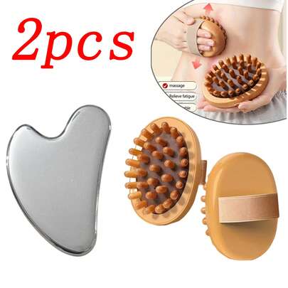 身体及面部按摩套装 - 木质按摩刷 + 不锈钢刮痧板：按摩刷 - 身体按摩理疗工具 - 缓解疲劳、酸痛、皮肤松弛，减少脂肪堆积，促进淋巴和血液循环，消除肿胀。可用于干刷去除死皮。气垫设计，适合搭配精油和日光浴按摩使用。适用于美容护理/护肤/水疗/按摩/沐浴；不锈钢刮痧板 - 面部按摩，便携式面部及身体肌肉放松按摩板；美容用品、按摩工具、护理工具