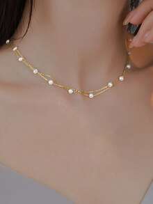 1pc S925 Sterling Silver Multi-Layer Pearl Necklace, Luxury Minimalist Elegant Personalized Chain Necklace, Perfect Gift - Double Layer - View 9