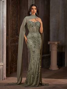 梦幻森林橄榄绿美人鱼舞会礼服，配可拆卸披肩，无肩带3D玫瑰亮片晚礼服 - 橄欖綠 - 查看 6
