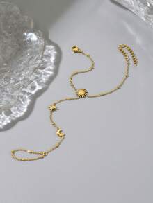 1 pezzo Braccialetto con anello decorato con zirconia cubica, braccialetto alla moda con pendente a forma di stella, luna e sole, gioiello in acciaio inossidabile impermeabile, adatto come regalo per appuntamenti o per l'uso quotidiano di donne - Dorato - Visualizzare 3