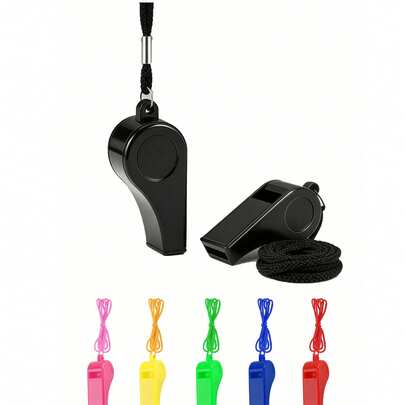 20个装彩色塑料哨子，带挂绳，声音响亮清晰。适合作为足球/篮球比赛、生日、婚礼、庆典、派对的礼物。也适用于救生员、自卫、紧急安全、求生等场合。可用于户外活动、露营、徒步旅行、体育赛事、庆典等。