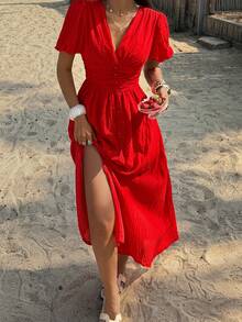 PoPoHouse Women's Solid Color Elegant V-Neck Puff Sleeve Dress, Suitable For Resort Wear, Spring/Summer Red - Red - View 11
