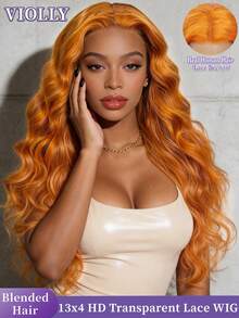 VIOLLY 耳到耳免分缝13X4高清透明蕾丝前额假发，水波纹巴西发，自然发际线，婴儿毛，预先拔毛，预先漂白，#350姜橙色混纺真人发假发，适合女性日常或派对佩戴。 - S350 - 查看 2