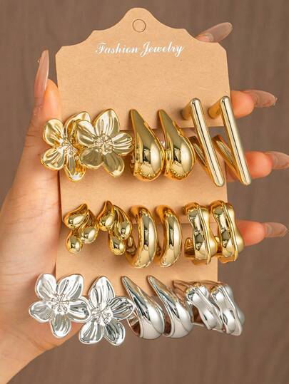 6-18件套金银女士耳环套装，包含花卉、C形、几何图案等设计，适合日常佩戴、派对、海滩度假，是馈赠亲朋好友的绝佳礼物。