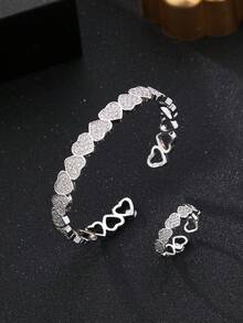 1 Set Fashionable & Elegant Cubic Zirconia Heart Bracelet & Ring Set, Gold-Plated Bracelet & Ring, Silver-Plated Bracelet & Ring, Dual Color Options, Hand Jewelry, Jewelry, Suitable For Daily Wear, Ideal Gift For Valentine's Day, Eid Al-Adha Distribution, Eid Al-Fitr Giveaway - Love - View 2
