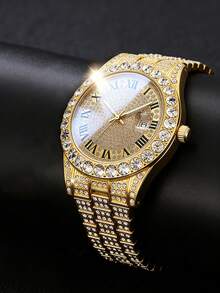 Luxury Shiny Watch And Bracelet Cross Necklace Set, Gold-Tone Teenager Steel Band Analog Watch Set, Stainless Steel Strap, Calendar Function, Inlaid Design, Suitable For Daily, Party, Banquet Outfit, Non-Rechargeable Battery, Birthday Gift For Others, Elegant Mother's Day Gift, No Gift Box Included - Gold - View 5