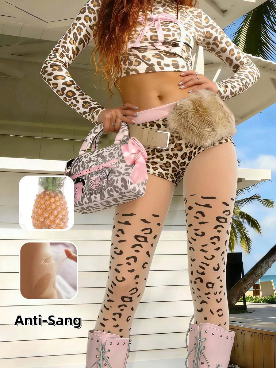 1pc Women's Delicate Leopard Print Pineapple Pattern Breathable Sheer Stockings, Suitable For Commuting And Dating - Apricot - View 1