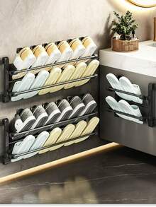 Wall-Mounted Shoe Rack, No Drilling Required, Double-Layer Bathroom/Toilet Shoe Storage Rack With Drainage Function, Space-Saving Folding Design - Black - View 12