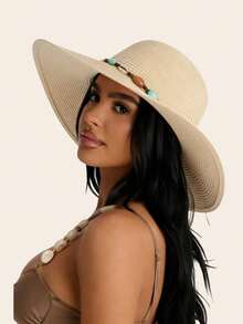 1 chiếc mũ rơm đính hạt phong cách Boho – Mũ rộng vành đi biển cho nữ, vật dụng cần thiết cho kỳ nghỉ hè. - A - Xem 1