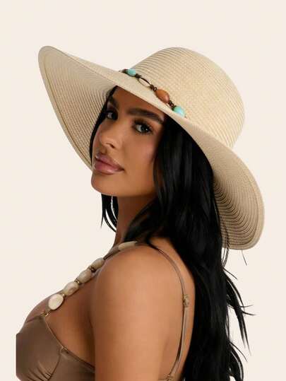 1顶波西米亚风串珠草编遮阳帽 – 宽檐沙滩帽，女士夏季度假必备单品