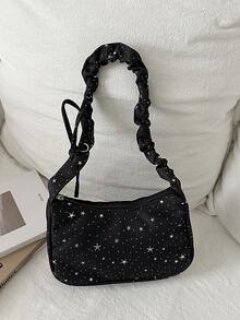 Bolso de hombro de mujer de estilo casual y elegante, hecho de poliéster, decorado con estrellas por todas partes, diseño exquisito y compacto, adecuado para salidas diarias, compras, citas, fiestas, ir al trabajo, para todas las estaciones, un regalo ideal para mujeres que buscan un estilo casual y de moda - Negro - Ver 7