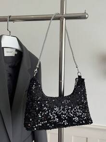 新款时尚亮片新月形包，金属链条，拉链开口，轻便简约，小容量休闲通勤单肩腋下包 - 黑色 - 查看 2