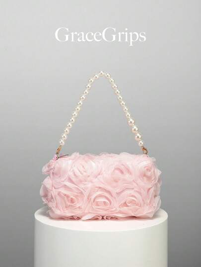 Bolso de mano de satén con diseño de rosa elegante/lujoso, bolso de noche minimalista, decorado con cadena de perlas, bolso de novia romántico, bolso de vestido de noche encantador/exquisito, bolso de mano rosa minimalista con cadena desmontable, adecuado como regalo de vacaciones