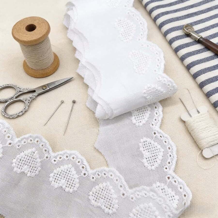 16Yards Cotton Eyelet Lace Trim 5cm Embroidered Scalloped Ribbon For DIY Sewing Craft Thick Lace Edge Fabric Decoration Clothes Upgrade - W - View 1
