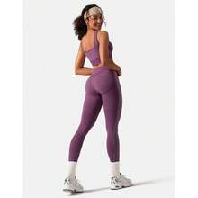 OLCHEE Womens Workout Sets 2 Piece Seamless Square Neck Sports Bra Padded Butt Lifting Leggings High Waist Yoga Gym Outfits - Eggplant Purple - 查看 6