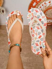 Chanclas con estampado de estrella de mar y concha, pantuflas de playa antideslizantes con estampado de concha, sandalias tipo chancla casuales para mujer, diapositivas con patrón de océano antideslizante - Blanco - Ver 11