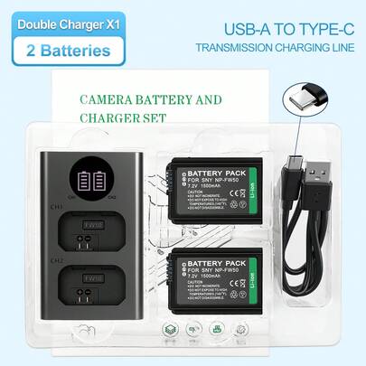 EDEKOY An NP-FW50 Battery Set That Includes An FW50 Charger And 2 NP-FW50 Camera Batteries, Suitable For Suoni A5000, A5100, A6000, A6100, A6300, A6400, A6500, A7, A7 II, A7R, A7R II, A7S, A7S II, DSC-RX10 III, DSC-RX10, DSC-RX10 II, DSC-RX10 IV, ILCE-QX1, ILCE-QX1L, And Other Camera Models.