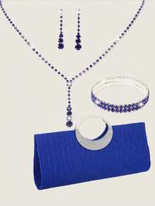 Bộ 4 món trang sức dự tiệc dành cho nữ: túi xách đính đá lấp lánh, túi dự tiệc, túi đeo vai dây xích, kèm dây chuyền, bông tai, vòng tay và các phụ kiện khác. - Màu xanh lam - Xem 7