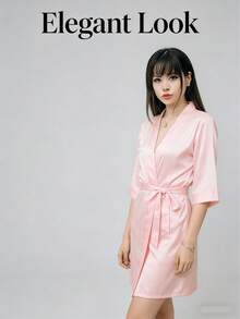 1pc Women's Solid Color Elegant Tie-Front Robe, Sexy Short Satin Silk Soft Sleepwear, Suitable For Brides, Bridesmaids, Home Wear. Wedding Season Short Dress, Letter Pattern, Kimono And Nightgown. - Bright Pink - View 10
