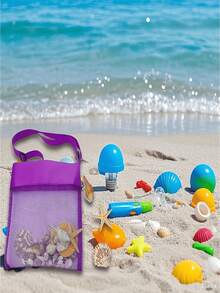 Bolso de playa de malla - Correa para el hombro ajustable y plegable, ligero, adecuado para actividades al aire libre, picnics, recolección de conchas | Bolso de colores brillantes | Asa duradera, bolso de playa adecuado para niños, niñas, que se puede usar como accesorio de playa, natación, fiesta, regalo para amigos, artículos de viaje esenciales para damas - Multicolor - Ver 18