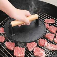 预先调味的重型铸铁汉堡和培根压模套装，配有耐热木柄 - 用于压制汉堡、培根和煎烤 - 黑色 - 查看 6