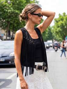 Women's Suede Crop Vest Solid Color Rivet Sleeveless V-Neck Open Front Tassel Hem Cardigan - 黑色 - 查看 4